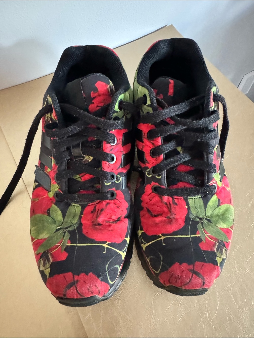 adidas Women's Black Athletic Sneakers with Red Rose Print